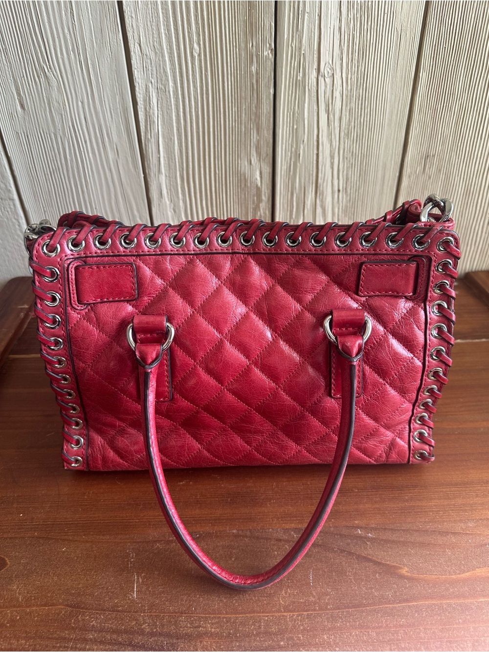 Michael Kors Crimson Quilted Hippie Grommet Satchel Bag w/ Lock & Key - Picture 4 of 15